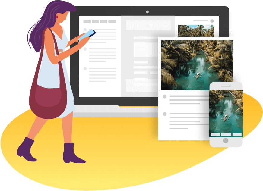 Visual Design of a women accessing her travel itinerary on her phone, with on the background visuals of a desktop, a PDF, and a mobile, JourneyGenius, Group Travel Itinerary Solution